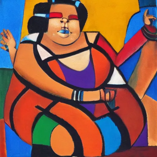 Image similar to fat mayan woman dancing, beautiful sunset, cubism, muted colors, texture