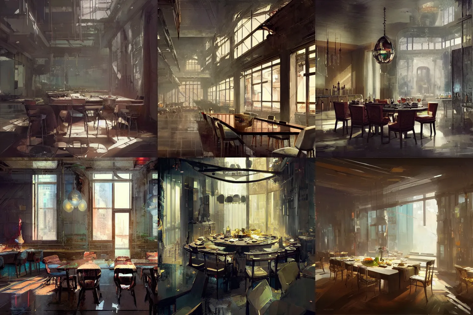 Prompt: interior design futuriste architecture dining room concept art matte painting by Theo Prins and Ruan Jia