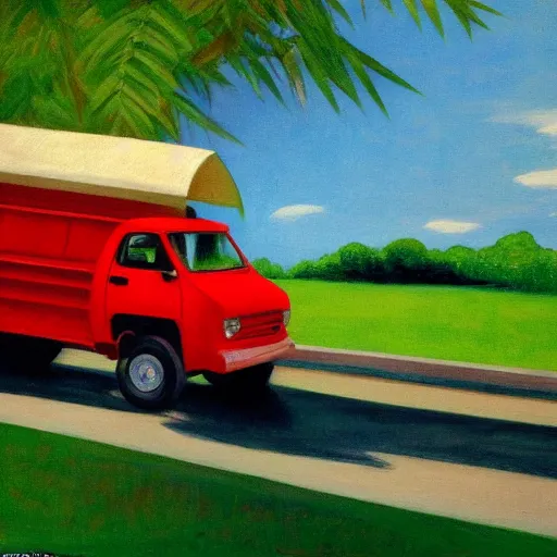 Prompt: a red daihatsu delta truck parked in the apex of a curve with the road surrounded by a canopy of bamboo trees, the shadows of the leaves are proyected onto the road painting by edward hopper