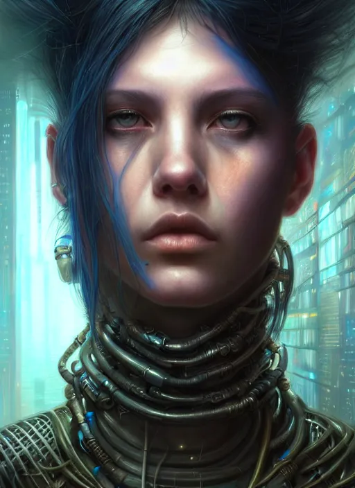 Image similar to closeup portrait shot of a cyberpunk teenager in a scenic dystopian environment, intricate, elegant, highly detailed, centered, digital painting, artstation, concept art, smooth, sharp focus, illustration, artgerm, tomasz alen kopera, peter mohrbacher, donato giancola, joseph christian leyendecker, wlop, boris vallejo