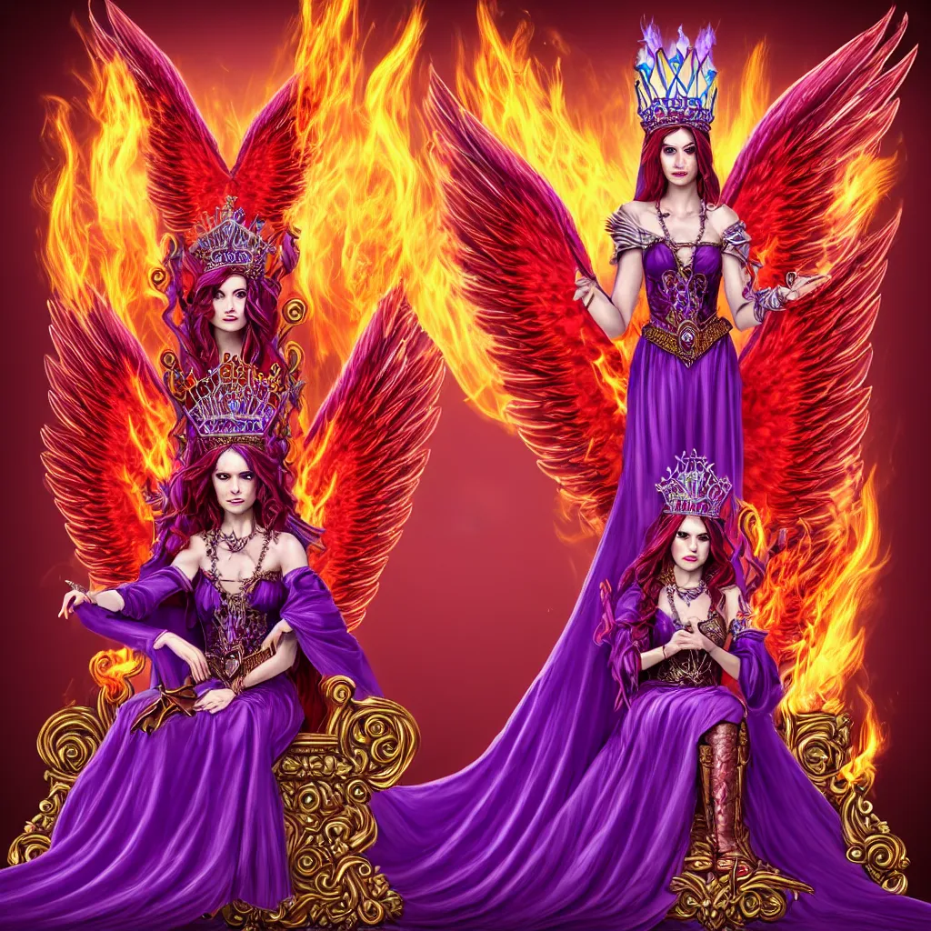 Image similar to Princess sorceress with red flaming bird wings on her back and sitting on an ornate throne dressed in a fancy purple dress, beautiful realistic face, Fantasy, Full Portrait, High detail, realistic, planeswalker