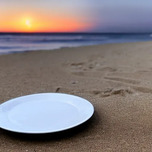 Prompt: photo of a empty white dish over a table with a sunset on the beach in the background