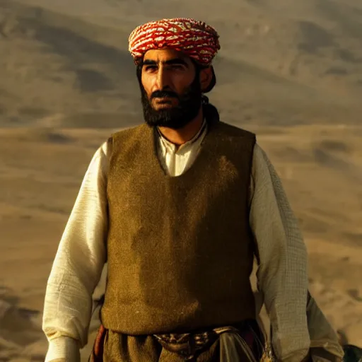 Image similar to Kurdish shepherd wearing Kurdish clothes in a movie directed by Christopher Nolan, movie still frame, promotional image, imax 70 mm footage