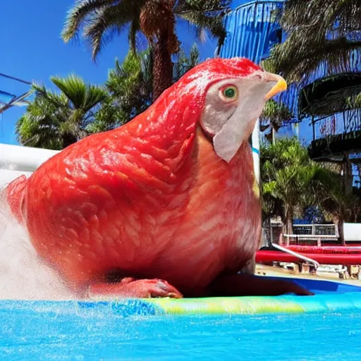 Prompt: photo of an enormous raw chicken emerging from the bottom of a waterslide at a water park on a sunny day in the style of a coca cola ad