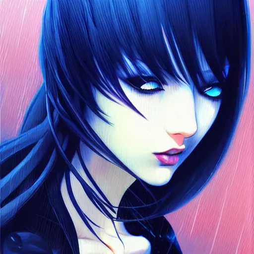 Prompt: beautiful seductive snake - girl, in the rain, highly detailed, painting, dark blue and black color palette, intricate, high quality anime artstyle, in the style of ilya kuvshinov