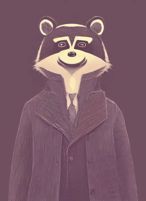 Prompt: an illustration portrait of an anthropomorphic raccoon mob boss, by victo ngai, by stephen gammell, by george ault, in the style of animal crossing, artstation