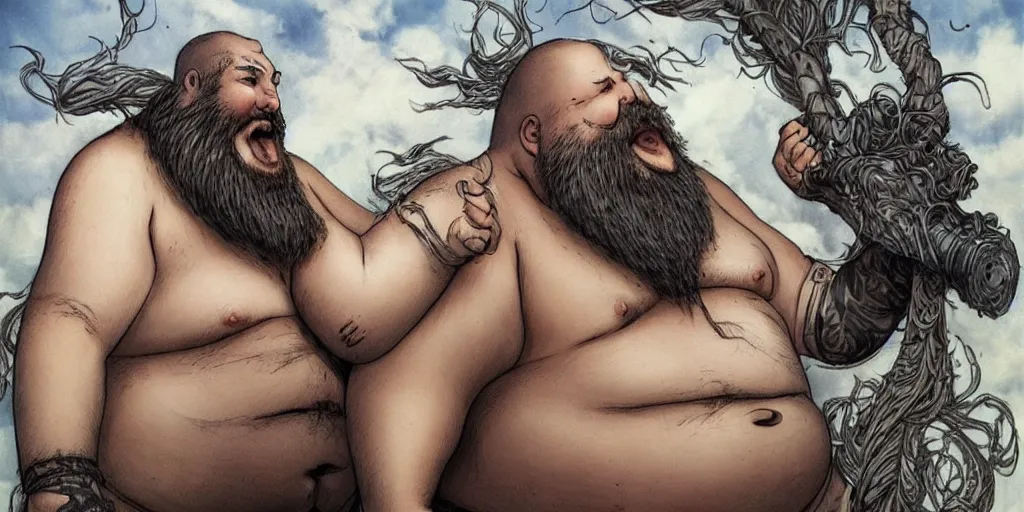 Prompt: extremely fat man with beard eating universe extremely luis royo style