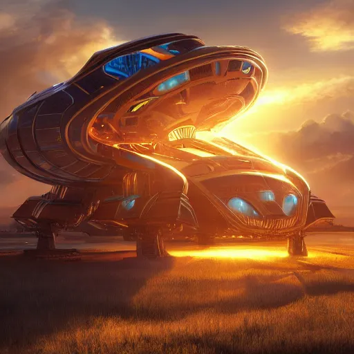 Image similar to colossal dream bot mothership, golden hour, fantasy, sharp focus, digital art, hyper realistic, 4 k, unreal engine, highly detailed, hd, dramatic lighting by brom, trending on artstation