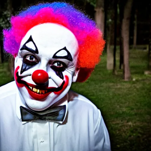 Image similar to creepy clown at a dark park smiling