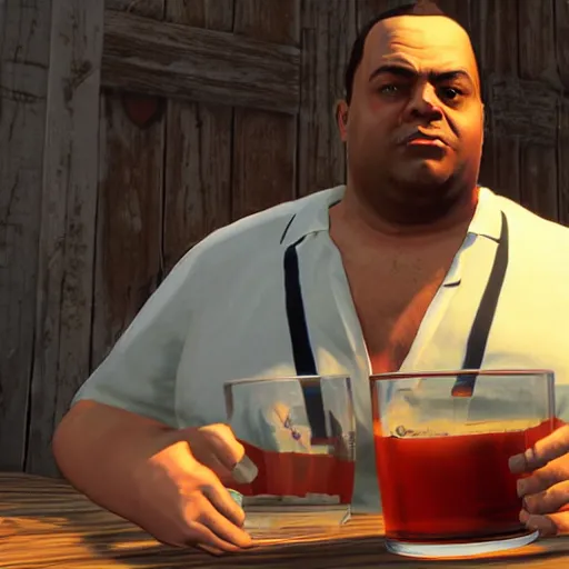 Image similar to Slightly overweight man drinking rum, closeup, GTA V poster
