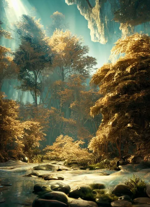Image similar to beauteous sumptuous white pearlescent iridescent organic forest, crystal, gold, copper, bronze biomechanical with incredible iridescent pearlescent voluminous neon vegetation, crystalline masterpiece incrustations, hyperdetailed animals, movie still, intricate, octane render, cinematic forest lighting, unreal engine, crepuscular rays, god rays