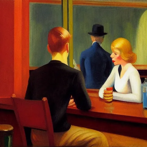 Prompt: a detailed painting, blonde man at a bar alone, edward hopper,