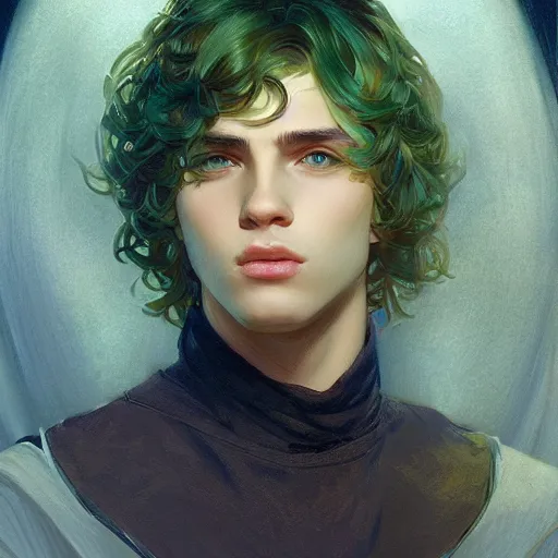 Prompt: young boy, light hair, green, eyes, son of poseidon, greek, gorgeous, amazing, feminine, elegant, intricate, highly detailed, digital painting, artstation, concept art, sharp focus, illustration, art by artgerm and greg rutkowski and alphonse mucha