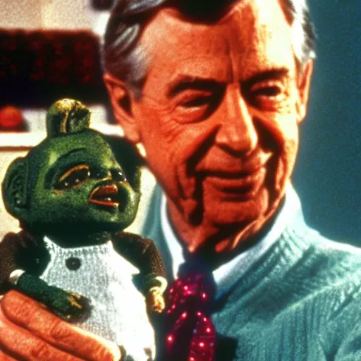 Image similar to Mr. Rogers holding Chucky the killer doll from the movie Child's Play