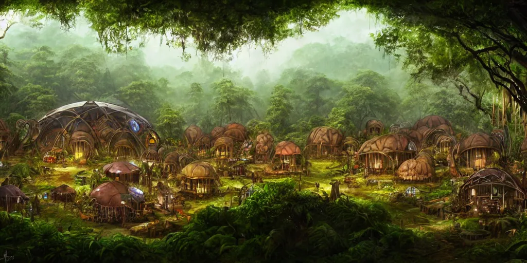 Image similar to a clearing in the jungle reveals a chrome village full of merchant tents and mushroom huts, matte oil painting, science fantasy, retrofuturistic, biblical, rpg, queer, pride, epic, extremely detailed, sharp focus, 4 k