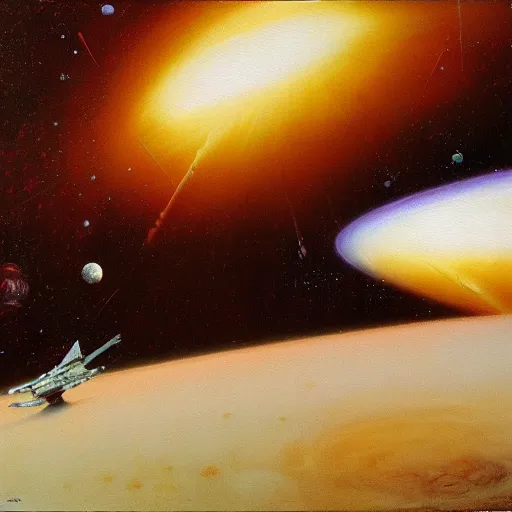 Prompt: painting of a spaceship approaching a dusty reddish brown crater, john berkey