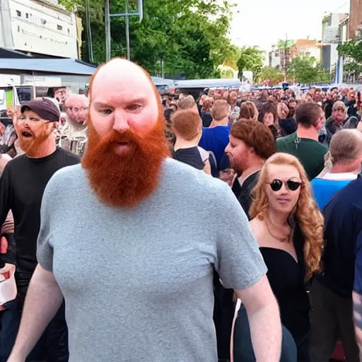 Prompt: a 7 foot tall, ginger, husky bodied, full bearded, balding middle aged man walking among the crowd