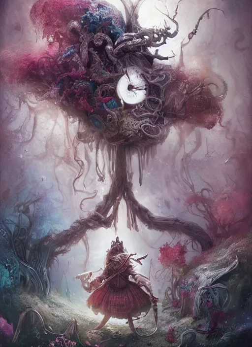 Prompt: alice in wonderland, viking god, highly detailed, cinematic, 8 k, by megan duncanson, benjamin lacombe, adrian borda, stanley artgermm, tom bagshaw, craig mullins, carne griffiths, ayami kojima, beksinski, giger, trending on deviantart, hyper detailed, horror, full of colour