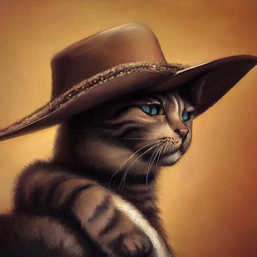 Prompt: a cat with a cowboy hat on its head by wlop