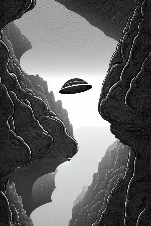 Image similar to a line drawing of a flying saucer over a canyon by joe fenton, trending on artstation, realistic rendering