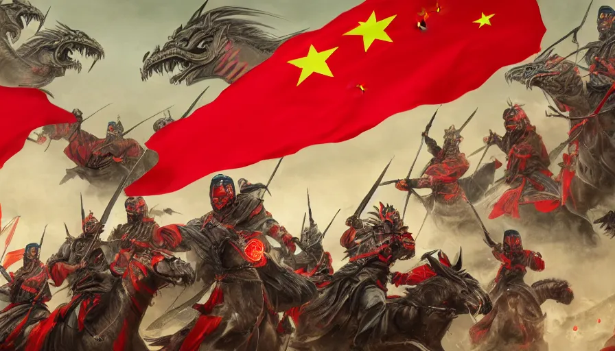 Image similar to mid shot cinematic artwork of President Xi with glowing red eyes on a Chinese dragon above an army of ancient Chinese warriors wearing red armor and holding red flags by greg rutowski, masterpiece, 4k