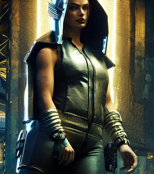 Image similar to cyberpunk 2 0 7 7, charismatic rugged female battle margot robbie - mage portrait, clothed in hooded, metal - plated battle armor atmospheric lighting painted intricate volumetric lighting, beautiful, sharp focus, ultra detailed by leesha hannigan, ross tran, thierry doizon, kai carpenter, ignacio fernandez rios