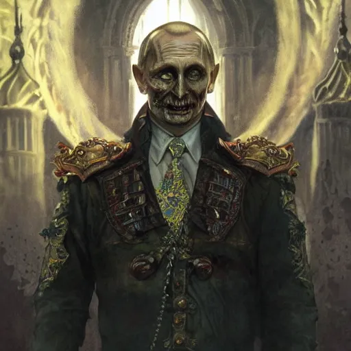 Image similar to zombie Putin in Kremlin, fantasy, intricate, highly detailed, digital painting, artstation, concept art, smooth, sharp focus, illustration, art by artgerm and greg rutkowski and alphonse mucha