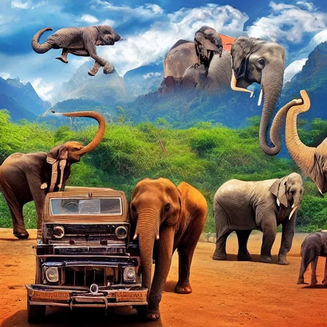 Prompt: india dream art, cars, mountains, elephants and a dog doing situps in the sky