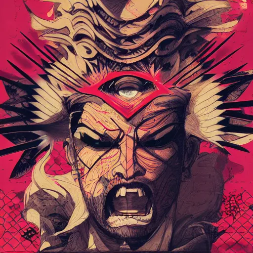 Prompt: Supreme x Asura's Wrath Profile Picture by Sachin Teng, asymmetrical, Organic Painting , Matte Painting, geometric shapes, hard edges, graffiti, street art,:2 by Sachin Teng:4