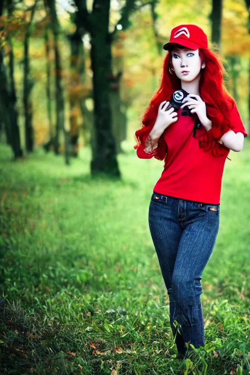 Prompt: a cinematic headshot portrait of a young woman with messy vibrant red hair, pokemon trainer outfit, grassy autumn park outdoor, ultra realistic, depth, beautiful lighting