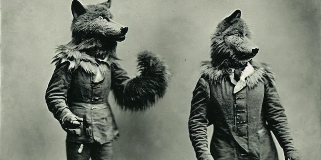 Image similar to anthropomorphic furry wolf in suit of armor, 1900s photograph