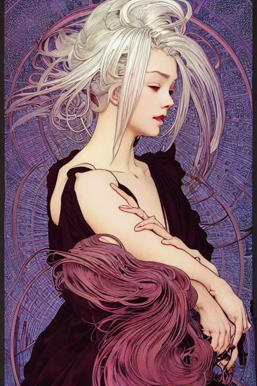 Prompt: magnum opus portrait professional photograph female holding white hair glowing, blush, pleated skirt, flowing hair, slim face, elegant, by yoichi hatakenaka, alphonse mucha, masamune shirow, josan gonzales and dan mumford, ayami kojima, takato yamamoto, barclay shaw, karol bak, yukito kishiro