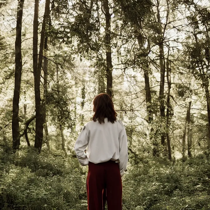 Image similar to a woman, in nature, backlit, wearing pants, backlit, photo by Marat Safin, Canon EOS R3, f/1.4, ISO 200, 1/160s, 8K, RAW, unedited, symmetrical balance, in-frame