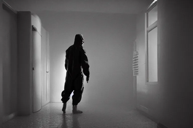 Image similar to a cinematic portrait of a mental prisoner dressed in a a black and white hazmat suit, in a small brillaint white prison cell, red color theme, dust storm, annie leibovitz and zack snyder, 8 k, hd, high resolution, 8 5 mm, f / 1. 8