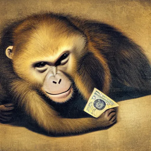 Prompt: monkey holding money, chromatic, crepuscular rays, dslr, caravaggio, ciane color, dof