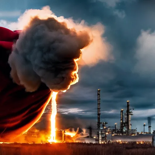 Prompt: epic photo of greta thunberg flying as superman realistic backlit background oil refinery explosions and black smoke. cinematic realistic photographic epic lighting