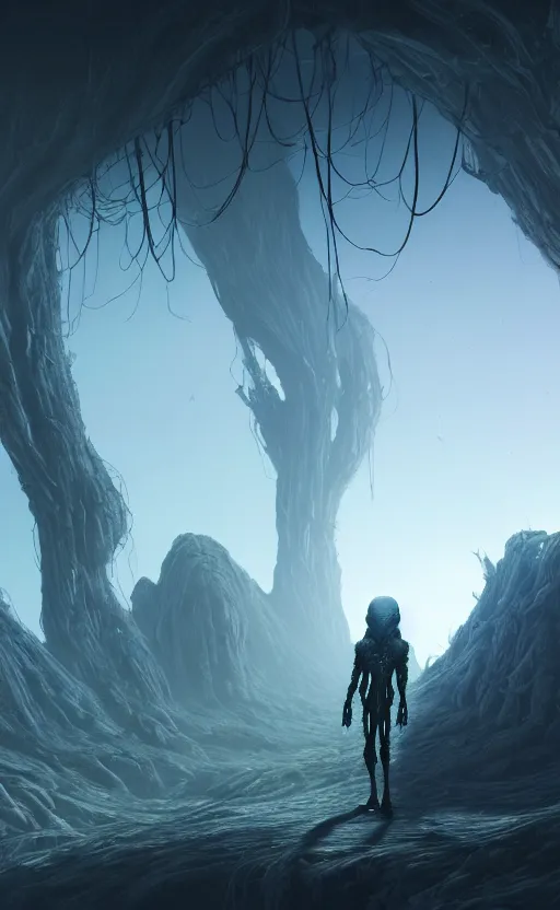 Image similar to a creature made out of visible arteries and veins and bones and muscles and spine and nerves, walking on an alien planet with aliens plants, looking at an alien breathtaking landscape, cinematic lighting, concept art, artstation