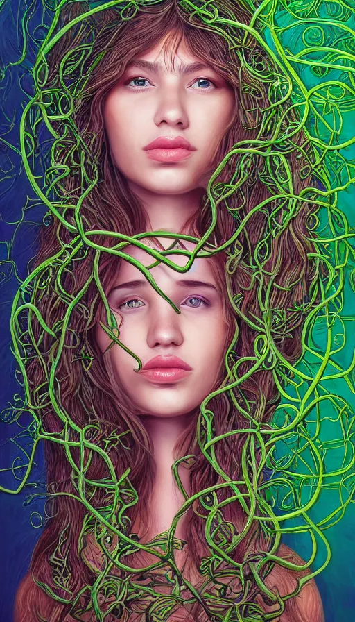 Prompt: very detailed portrait of a 2 0 years old girl surrounded by tentacles, the youg woman visage is blooming from fractal and vines, by jason de graaf