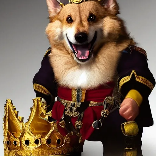 Image similar to a proud corki reigns as king, hyperrealistic