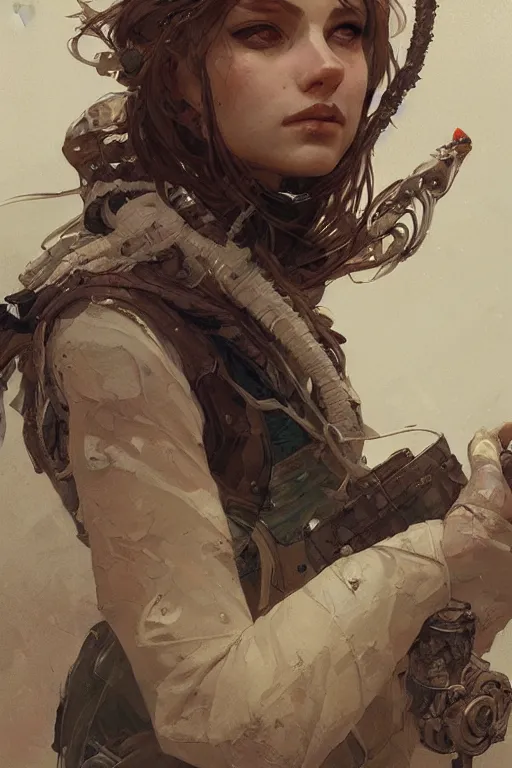 Image similar to A full portrait of a beautiful post apocalyptic snake handler, intricate, elegant, highly detailed, digital painting, artstation, concept art, smooth, sharp focus, illustration, art by Krenz Cushart and Artem Demura and alphonse mucha