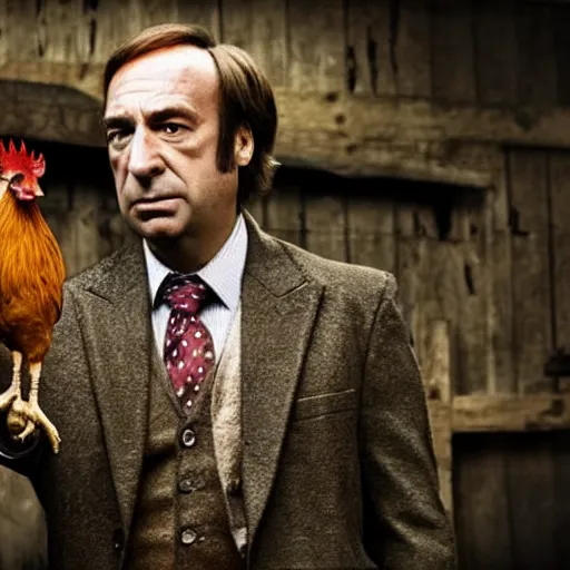 Prompt: saul goodman and a rooster in a medieval torture chamber, saw blades and knives in the background, horror movie, saul goodman!!, rooster!!!!!!, real life photo, detailed face