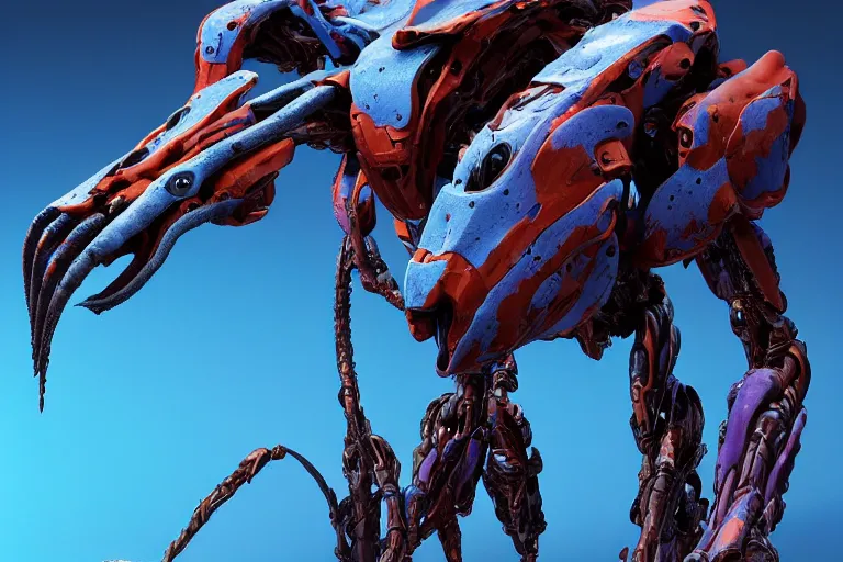 Image similar to portrait of a posed hyper detailed kaki and ultramarine leaplasher evangelion realistic mechanical and fleshy organic creature similar look as horizon forbidden west horizon zero dawn bioluminiscence in a dark deep forest at dawn in spring, with reflection and textures, by kilian eng, substance painter reaslitic mech surface metal painted scratches