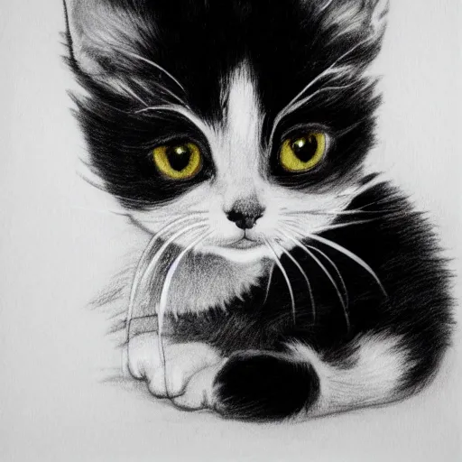 Prompt: black and white marker drawing of a baby kitten, floating head, white background