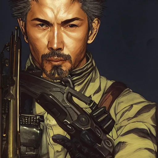 Image similar to portrait of a hero holding his sword in front of his face by yoji shinkawa, high quality, extra details, realism, ornate, colored, golden chain, blood, white skin, short hair, brown eyes, vivid, sunlight, dynamic, american man, freedom, white american soldier, painting, hidden face, twin snakes