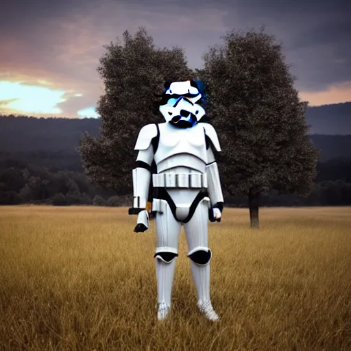 Image similar to realistic stormtrooper in a field. france, dordogne, hills, ultra high,, detail, 8 k, sunset, flowers, trees, river, hills, octane render.