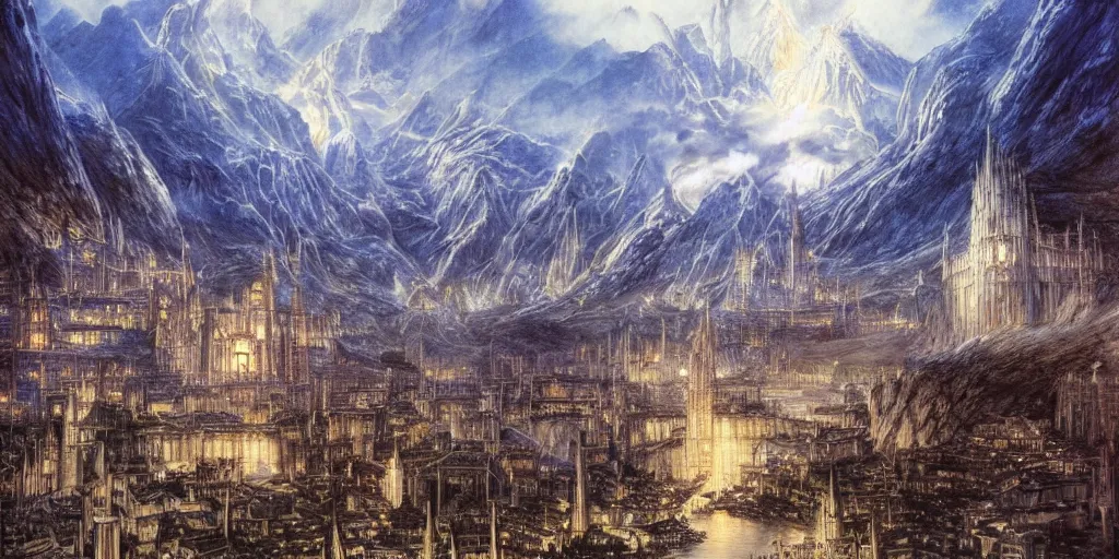 Prompt: The city of Gondolin, artwork by Alan Lee, The Lord of the Rings, Tolkien, The Fall of Gondolin, Silmarillion, fantasy, elves, art, painting, beautiful