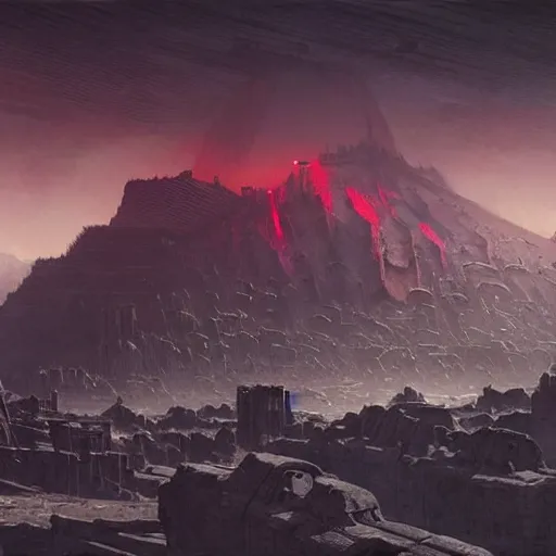 Prompt: view from a wasteland plain of a jagged mountain with a black arcology driven like a spear into the glacier, rust-colored waterfalls pouring from its upper balconies, blue radiation glow beneath, science fiction concept art by Greg Rutkowski and Moebius and Beksinski and Le Corbusier