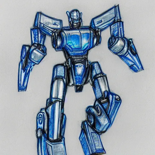 Prompt: detailed blue pencil sketch of mecha robot with jetpack wings