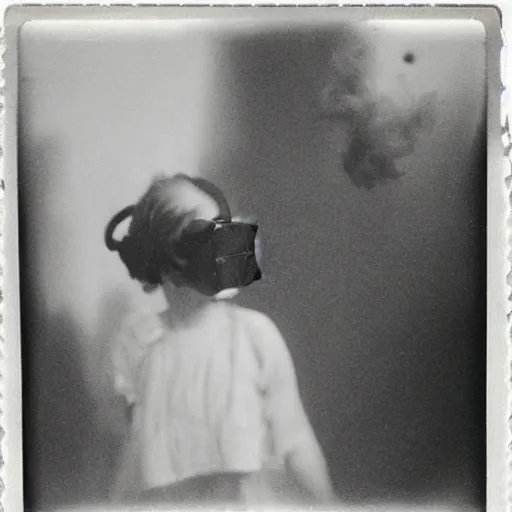 Image similar to an ancient demon-girl using a VR headset, mist , 1910 Polaroid photo, Black and white