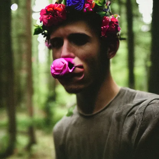 Image similar to close up kodak portra 4 0 0 photograph of a skinny guy standing in a dark forest, flower crown, flower covering mouth, moody lighting, telephoto, 9 0 s vibe, blurry background, vaporwave colors, faded!,